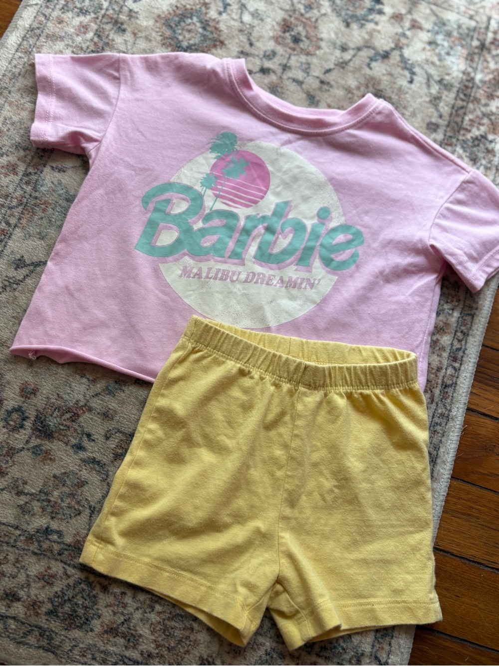 Barbie Pink 'Malibu Dreamin' Logo Tee & Yellow Shorts Set 2T Toddler Girls